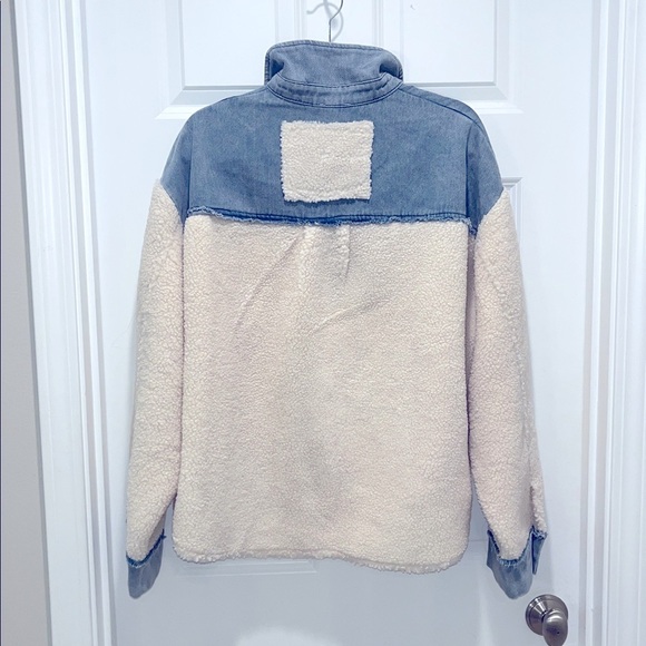 POL ivory Sherpa and Denim Half Zip Pullover Pearl Button Detail patchwork - Picture 8 of 8